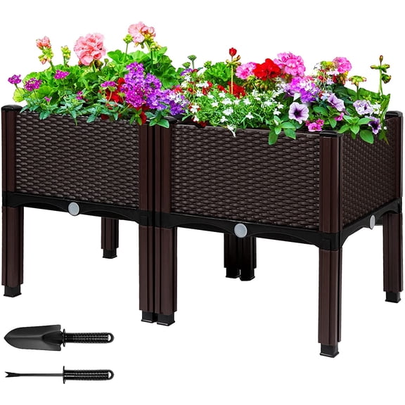 Raised Garden Bed with Drainage Elevated Planter Box Plastic Raised Beds for Gardening Vegetables Herb Flowers, Perfect for Indoor Outdoor Planting, 2 Boxes Brown
