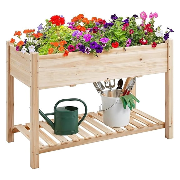 Raised Garden Bed Elevated 2 Tiers Wood Planting Bed Above Ground Planter Box for Vegetables Flowers Outdoor, 47x23x32in