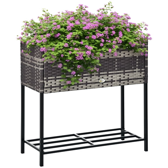 Raised Garden Bed, Elevated Planter Box with Rattan Wicker Look, Tool Storage Shelf, Portable Design for Herbs, Vegetables, Flowers, Gray