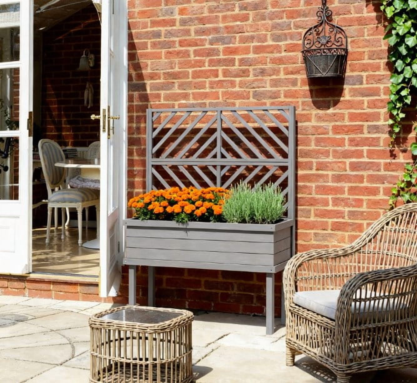 Raised Garden Bed, Elevated Wood Planter with Trellis for Climbing Plants, with Legs and Drainage Holes
