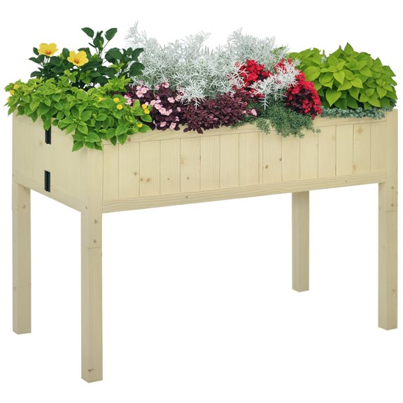 Raised Garden Bed Elevated Wooden Planter Box, Folding Design with Drainage Holes & Inner Liner, Natural