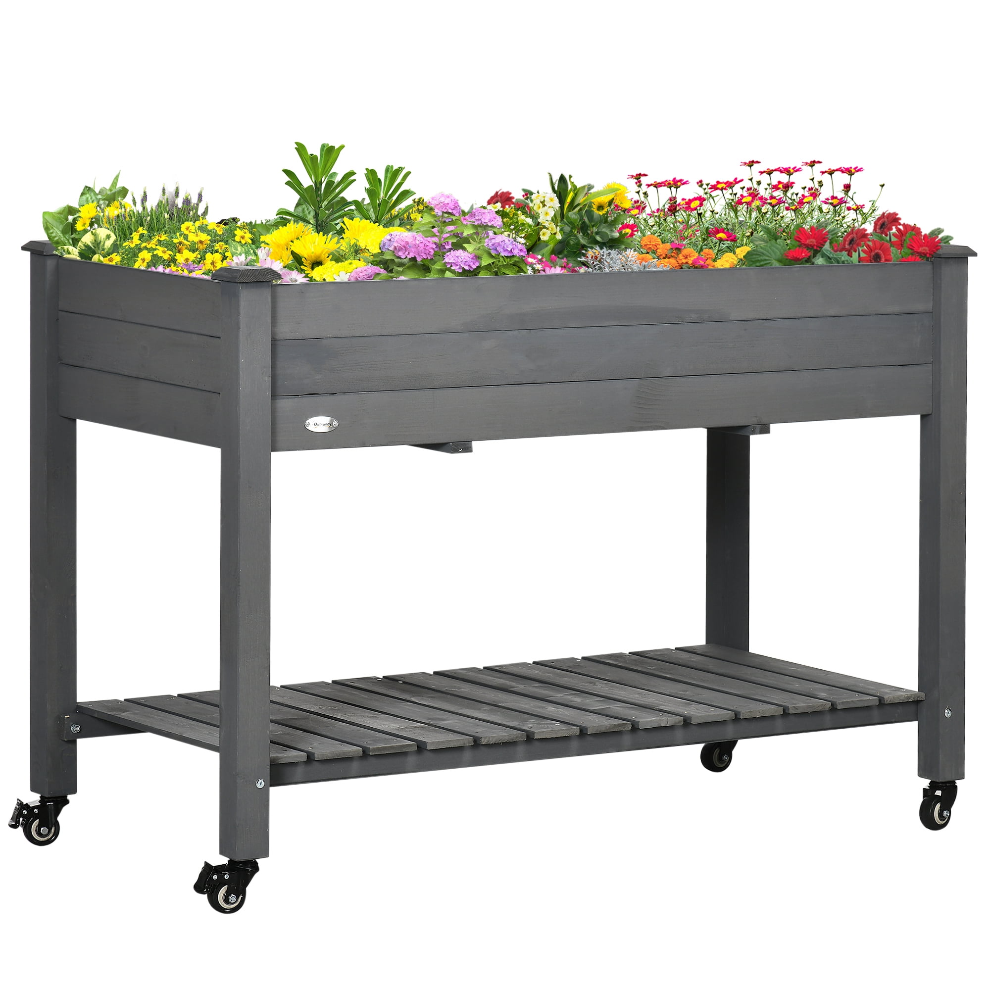 Raised Garden Bed, Elevated Wooden Planter Box with Lockable Wheels, Storage Shelf, and Bed Liner for Backyard, Patio, Dark Gray 47" x 22" x 33"