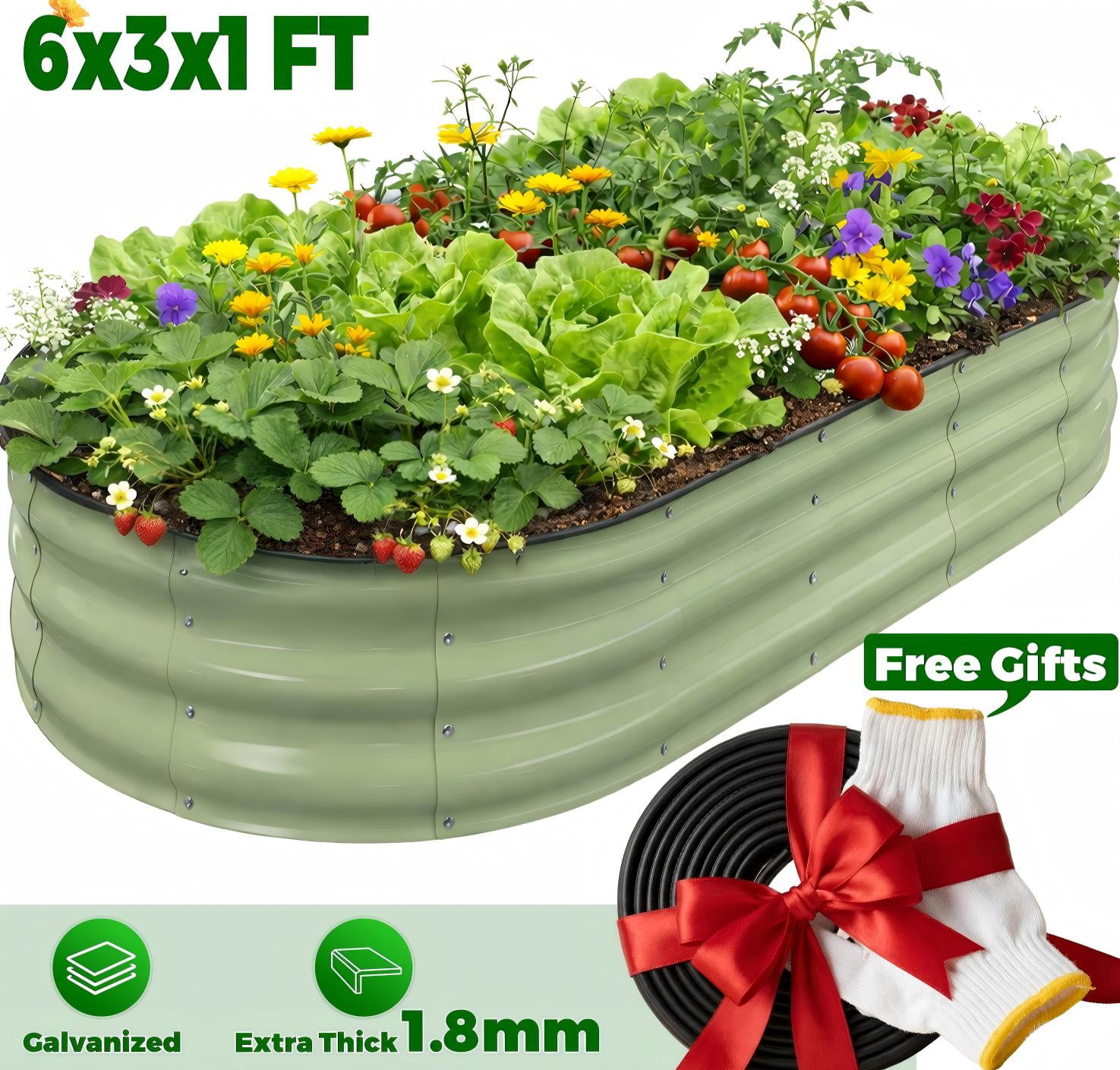 Raised Garden Bed, Younik 6x3x1ft Galvanized Garden Planter Boxes with Safety Edging and Gloves for Outdoor Planted Vegetables, Fruits, Flower, Green