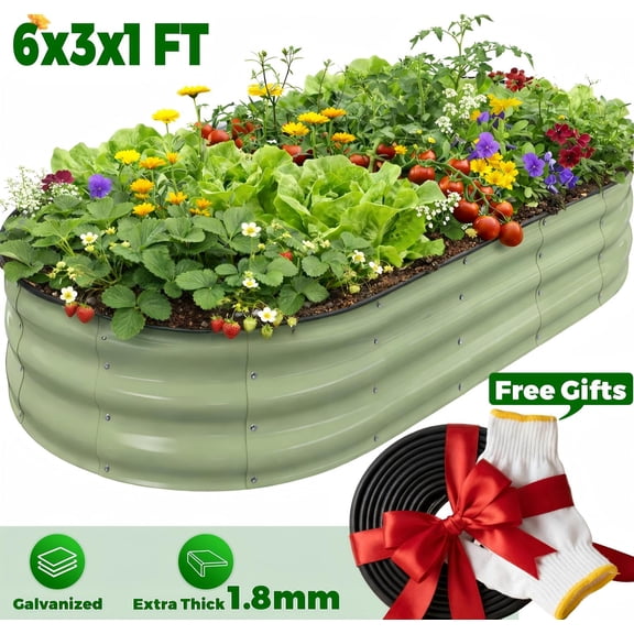 Raised Garden Bed, Younik 6x3x1ft Galvanized Garden Planter Boxes with Safety Edging and Gloves for Outdoor Planted Vegetables, Fruits, Flower, Green