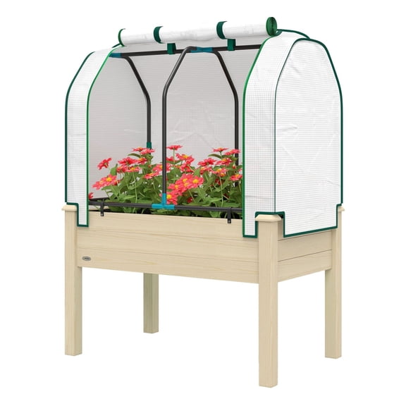 Raised Garden Bed with Greenhouse, 35.4" Wood Planter Box, Outdoor Elevated Plant Bed with PE Cover, Portable Vegetable Flower Grow Box for Patio, Yard