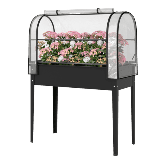 Raised Garden Bed with Greenhouse, 39.4" Outdoor Planter Box, Black Metal Plant Raised Bed with Roll-Up Door & Drainage, High Elevated Gardening for Vegetables Herbs Flowers