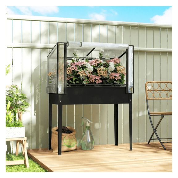 Raised Garden Bed with Greenhouse Cover, 39.4"x18.9" Outdoor Planter Box, Metal Plant Raised Bed with Roll-Up Door & Drainage, Black Elevated Garden Bed