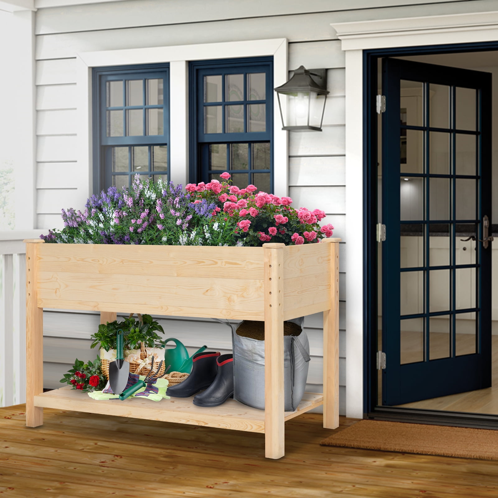 Raised Garden Bed, KINGSO Raised Garden Bed 4FT Elevated Wooden Planter Boxes Kit Outdoor with Legs Garden Grow Box with Shelves for Vegetable Flower Patio