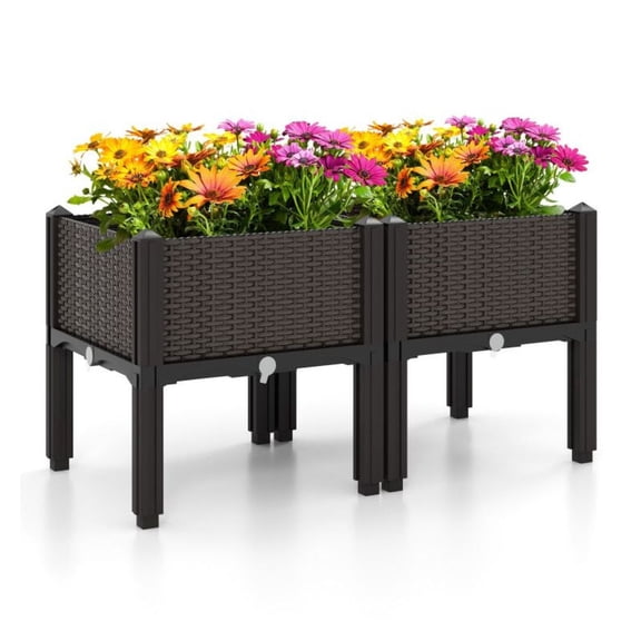 Raised Garden Bed Kit 2 Pack, Elevated Flower Vegetable Planter Box, Brown PP Plastic Grow Boxes for Patio, Yard, Outdoor Gardening with Self-Watering System