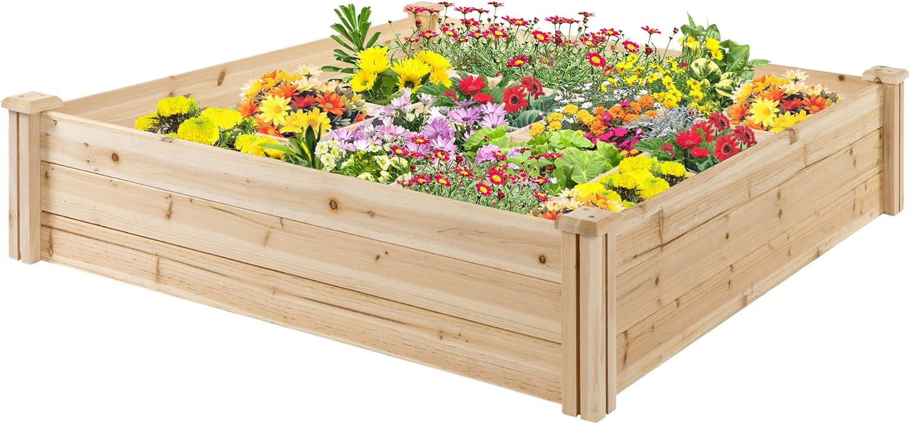 Raised Garden Bed Kit 4' x 4' Outdoor Wooden Planter Box with 9 Growing