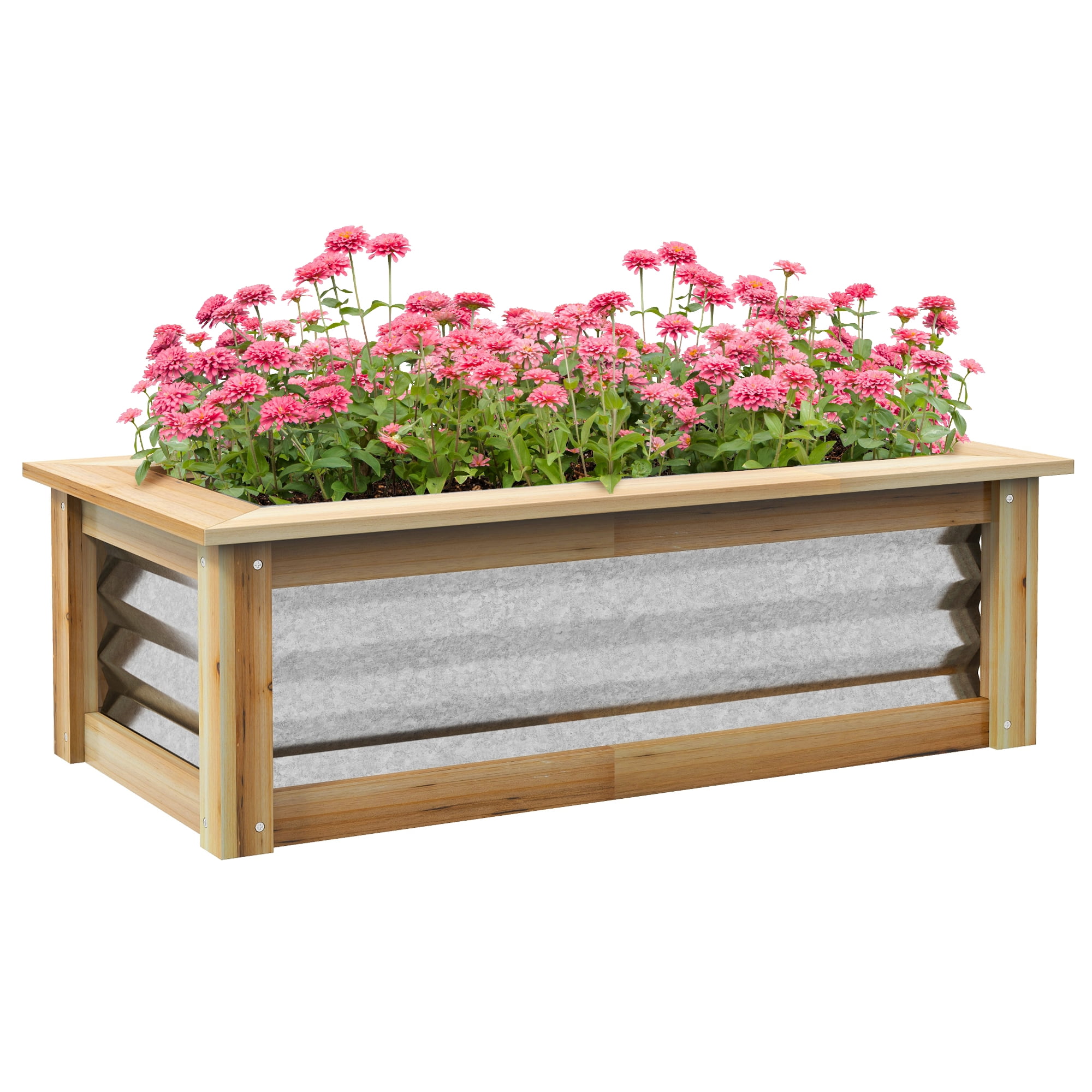 Raised Garden Bed Kit, Outdoor Planter Box, Galvanized Metal Reinforced with Wood, Stock Tank for Growing Flowers, Herbs and Vegetables