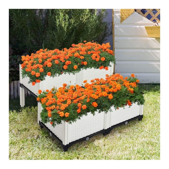Raised Garden Bed Kit Set of 4, Elevated Planter Boxes with Self-Watering Design & Removable Legs, Outdoor Plastic Planter Box for Patio Yard Balcony Gardening, Rattan Pattern (White)