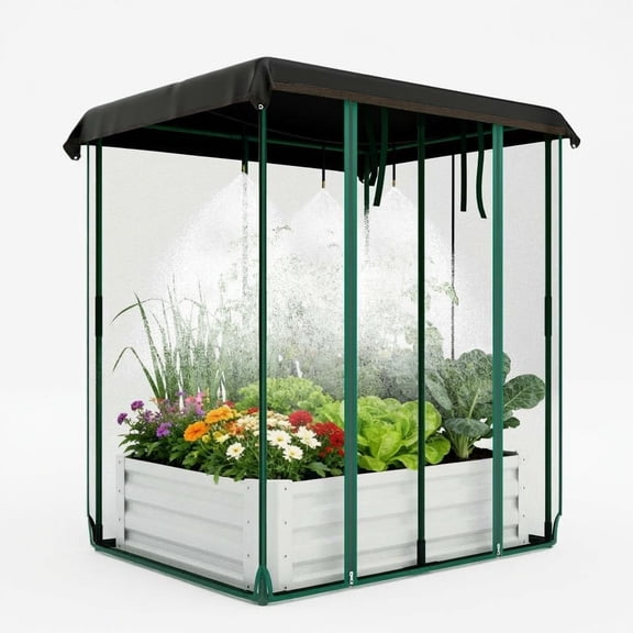 Raised Garden Bed Kit with Shade Cloth Cover & Drip Irrigation System, 3-in-1 Large Metal Planter Box with Insect Mesh & Self-Watering, Outdoor Elevated Bed for Vegetables Flowers Herbs