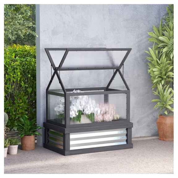 Raised Garden Bed Kit with Greenhouse, Wooden Cold Frame Planter, 35.5" x 22.5" x 38.25", Gray
