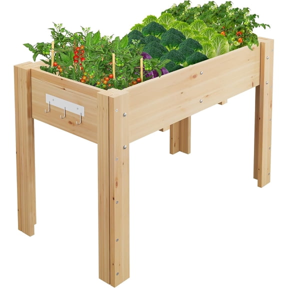 Raised Garden Bed with Legs, 4x2.5x1.8 ft Wood Elevated Planter Box w/Bed Liner for Herbs Flowers Vegetables, Outdoor Gardening Planters for Patio Balcony Backyard
