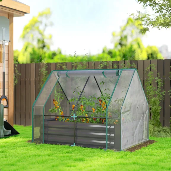 Raised Garden Bed with Mini Greenhouse Combo, Galvanized Steel Planter Box, Roll-Up Window, Windproof Extended Edge, Open Bottom Drainage, 2-Section Planting Area for Outdoor Garden