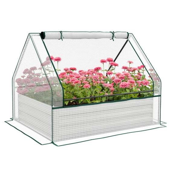 Raised Garden Bed with Mini Greenhouse, Galvanized Outdoor Planter Box with Cover, for Herbs and Vegetables, Use for Patio, Garden, Balcony, White Cover and Silver Planter