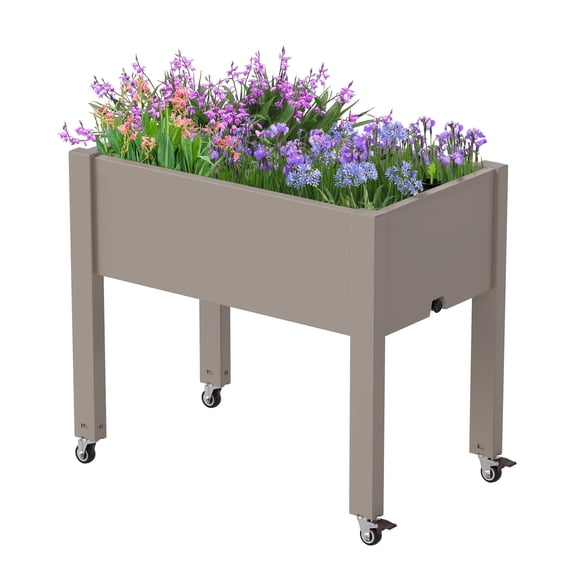 Raised Garden Bed - Outdoor Elevated Planter with Weatherproof Resin, Effective Drainage & 4 Swivel Wheels for Backyard, Patio and Balcony, Grey