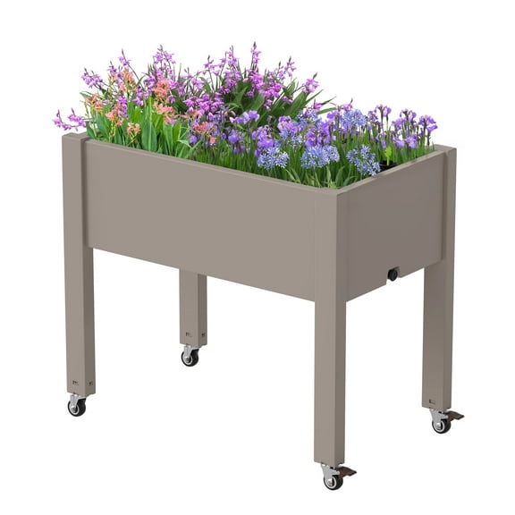Raised Garden Bed - Outdoor Elevated Planter with Weatherproof Resin, Effective Drainage & 4 Swivel Wheels for Backyard, Patio and Balcony, Grey