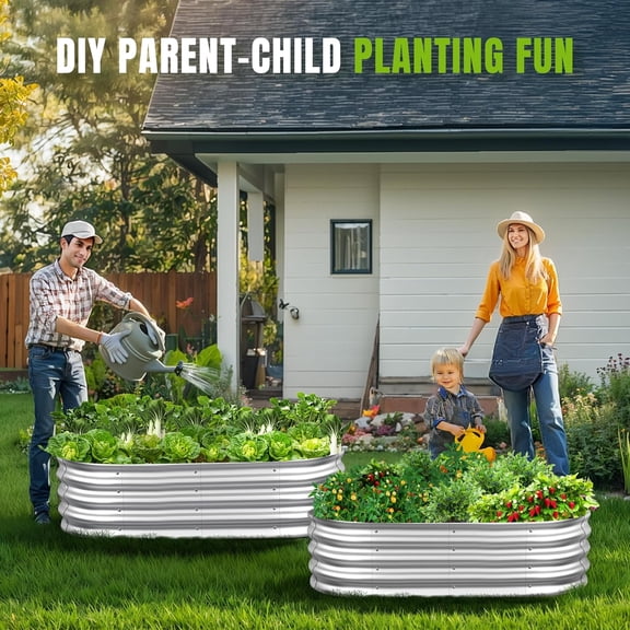 Raised Garden Bed - Outdoor Galvanized Metal Planter Box, Large Oval for Vegetables, Herbs & Flowers (4x2x1 Ft, Silver)