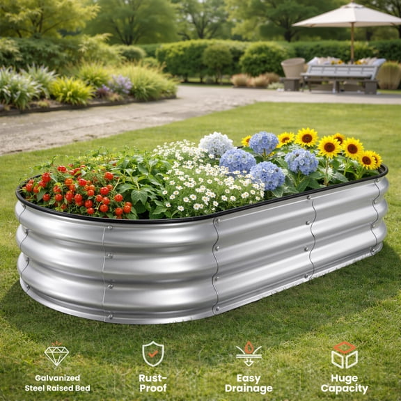 Raised Garden Bed, Outdoor Galvanized Planter Boxes, Beds with Metal Plant Stakes, Large Stock Tank, for Vegetables 4×2×1ft