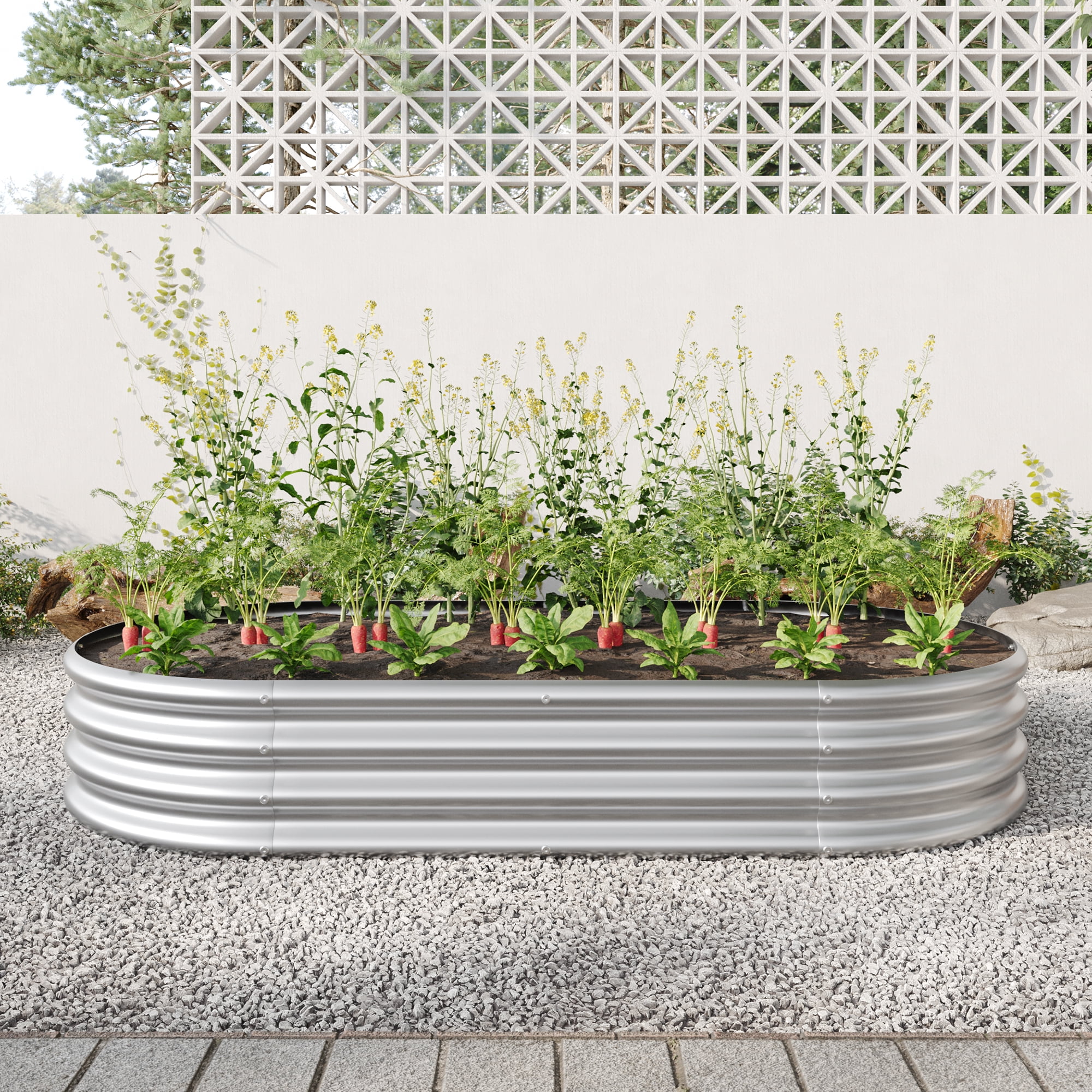 Raised Garden Bed Outdoor, Oval Large Metal Raised Planter Bed for for Plants, Vegetables, Flowers - Silver