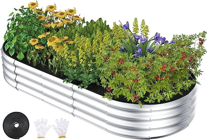 Raised Garden Bed, Younik 6x3x1ft Oval Galvanized Raised Garden Beds with Safety Edging and Gloves for Outdoor Plant Vegetables, Flower, Silver