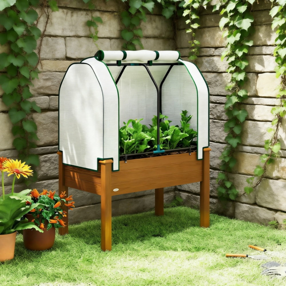 Raised Garden Bed with PE Cover, Fir Wood & Steel Frame, Roll-Up Ventilated Cover, Non-Woven Fabric, 4 Drainage Holes, 88 Lbs Capacity for Outdoor Plants Vegetables Flowers