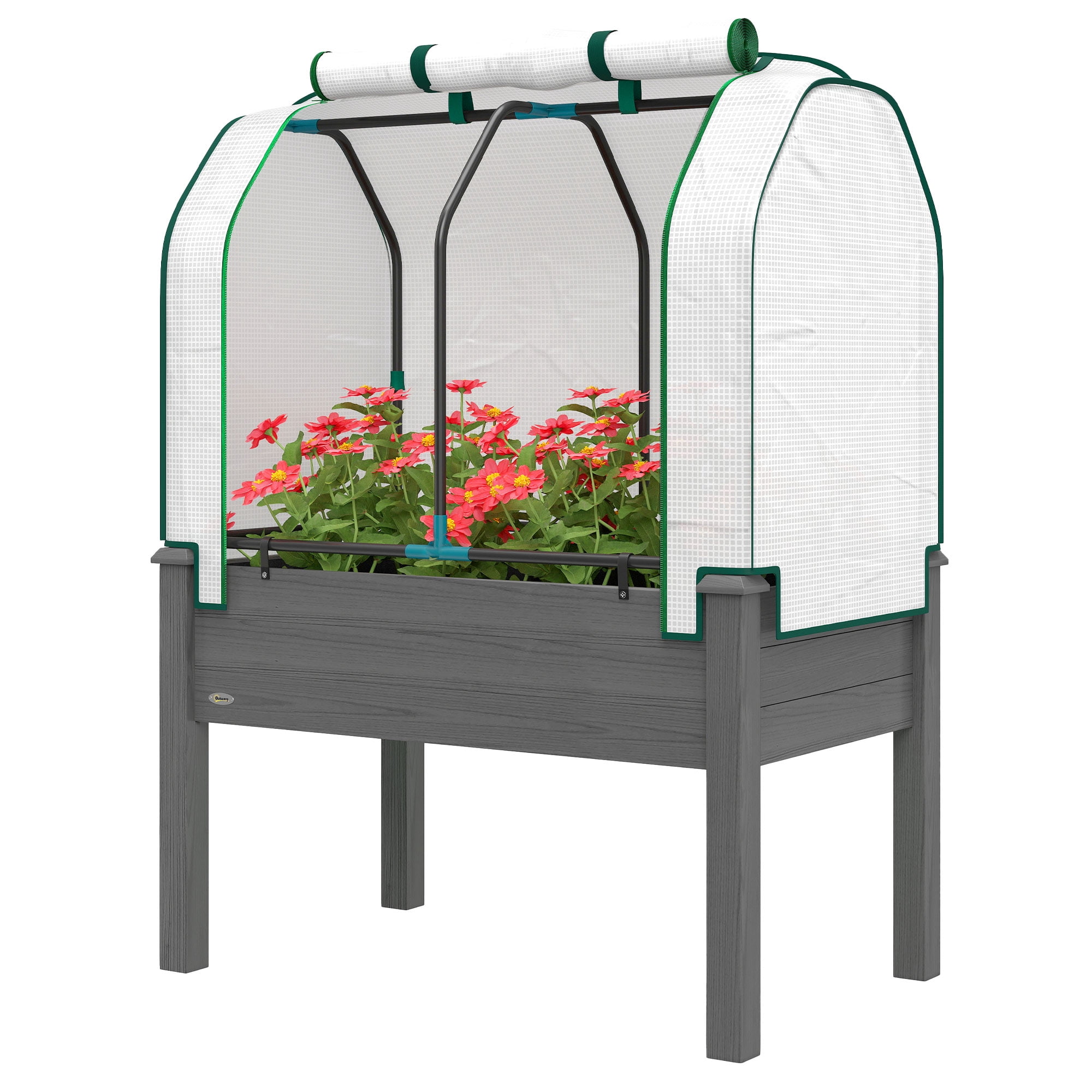 Raised Garden Bed with PE Cover, Fir Wood & Steel Frame, Roll-Up Ventilated Cover, Non-Woven Fabric, 4 Drainage Holes, Planter Box for Flowers Vegetables Outdoor