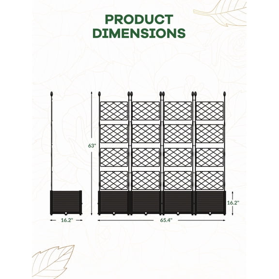 Raised Garden Bed, Planter Box Kit 4-Piece Deepened Modular with Metal Trellis - Vertical Privacy Screen for Climbing Plants Vegetables, Patio Balcony Deck