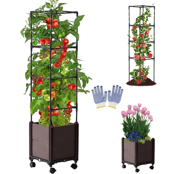 Raised Garden Bed Planter Box with Trellis On Wheels, 47.3” Tomato Planters for Climbing Plants Vegetable Vine Flowers Outdoor Patio, Tomatoes Cage w/Self-Watering