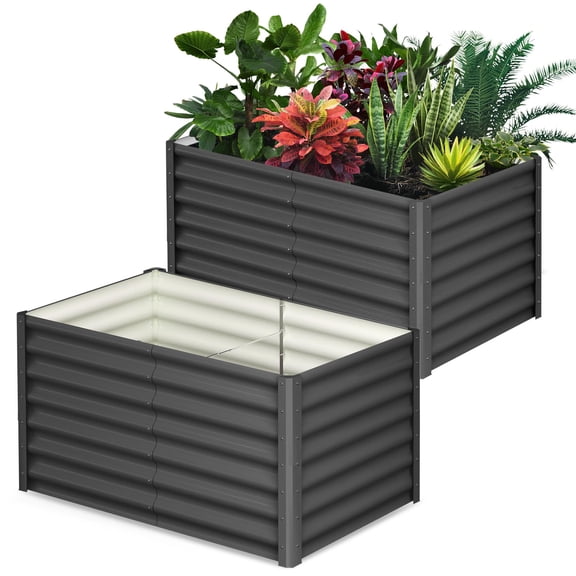 Raised Garden Bed Set of 2, 6x3x2 ft Galvanized Raised Garden Bed, Outdoor Large Planter Raised Beds Open Base with Safety Edge and Glove for Vegetables Flowers Ground Planter, Dark Gray