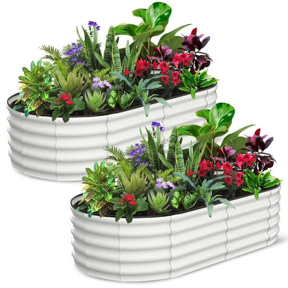 Raised Garden Bed Set of 2, Galvanized Raised Garden Bed, Outdoor Large Planter Raised Beds Open Base with Safety Edge and Glove for Vegetables Flowers Ground Planter