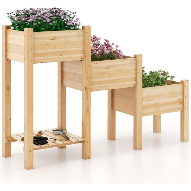 Raised Garden Bed Set of 3, Wood Planter Box with Storage Shelf