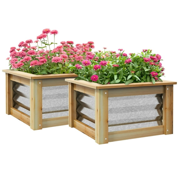 Raised Garden Bed Set of 2, Outdoor Planter Box, Galvanized Metal Reinforced with Wood, Stock Tanks for Growing Flowers, Herbs and Vegetables