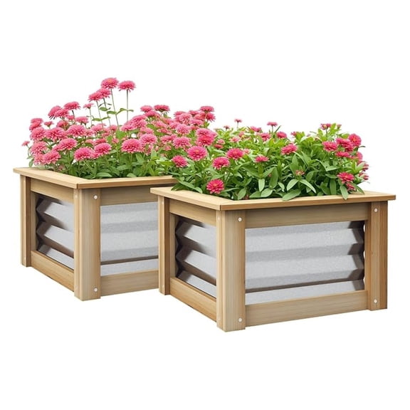 Raised Garden Bed Set of 2, Stock for Growing Flowers, Galvanized Metal Reinforced with Wood, Planters for Outdoor Plants, and Vegetables
