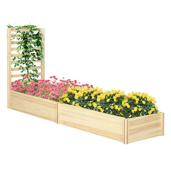 Raised Garden Bed with Trellis and 2 Compartments, 43 Inch Wooden Planter Box Kit for Outdoor Plants, Vegetables, Flowers, Climbing, Easy Assembly, Natural Tone