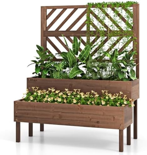 Raised Garden Bed with Trellis, 2-Tier Wood Planter Box with Drainage
