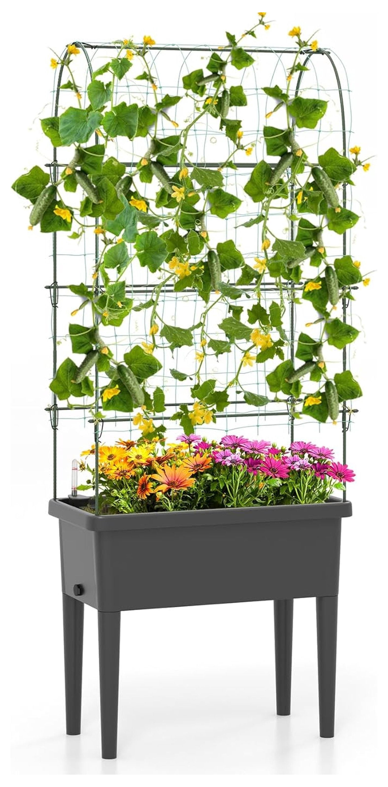 Raised Garden Bed with Trellis, 4 in 1 Self-Watering Planter w/Water Level Observer, Drainage Holes, Climbing Net & Detachable Legs, Garden Cucumber Planter for Vegetables Flowers