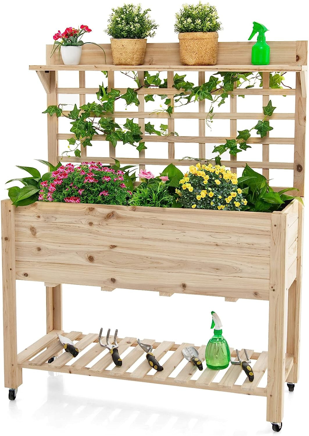 Raised Garden Bed with Trellis, 41.5x16x54in Mobile Elevated Planter