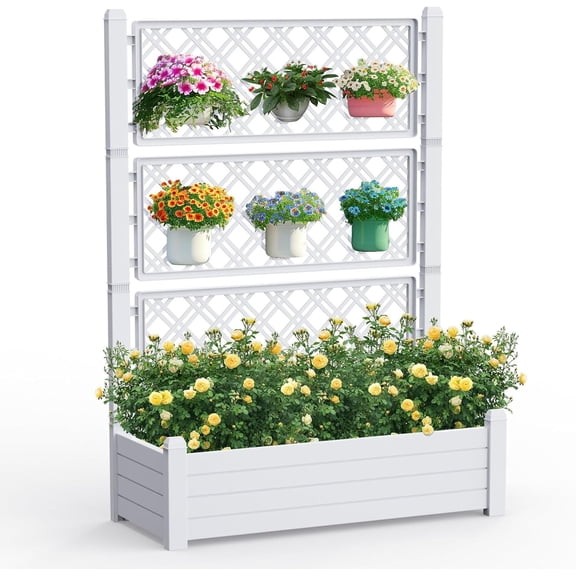 Raised Garden Bed with Trellis for Climbing Plants, 43.43" L x 18.27" W x 59.29" H Planter Box with Self Watering Drainage Holes for Outdoor Backyard Patio Balcony, Anti-Rust Resin (Ashen)