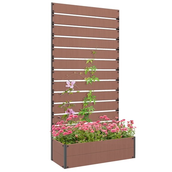 Raised Garden Bed with Trellis for Climbing Plants, Planter Box with Self Draining Gap, Freestanding Trellis Planter for Outdoor, Patio, Deck, 35.75" x 15" x 70.75", Light Brown
