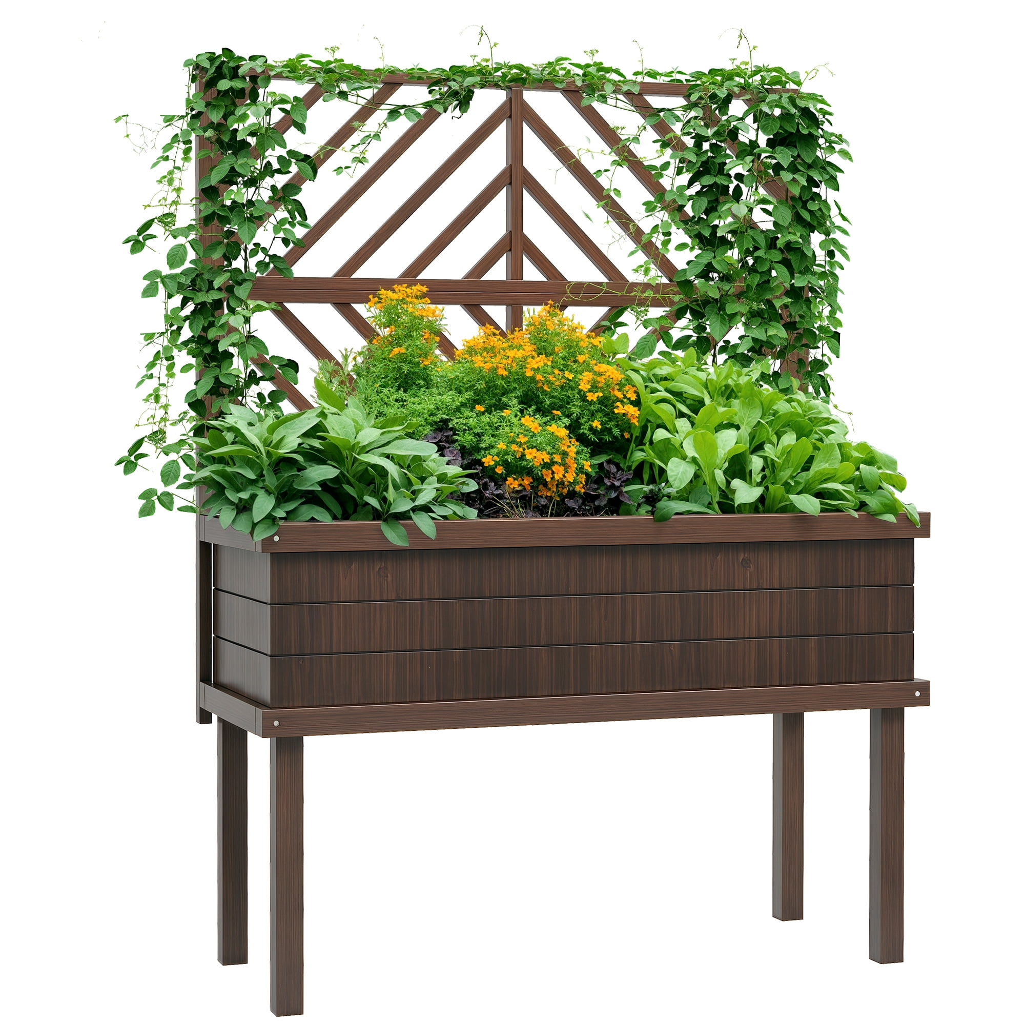 Raised Garden Bed with Trellis for Climbing Plants, Vegetable, Grape Vines, Wood Planter with Legs, Drainage Holes and Filter for Outdoor Garden, Patio, Carbonized