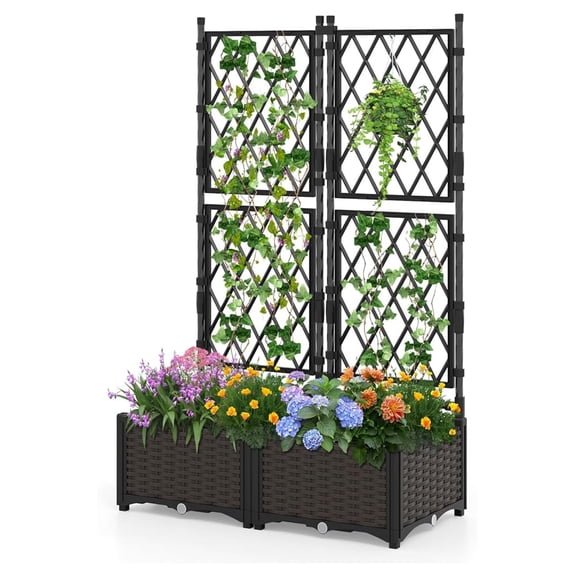 Raised Garden Bed with Trellis, Double Self-Watering Planter Boxes w/Drain Holes for Climbing Vines Flowers Vegetables, Indoor Outdoor Tall Plant Support Privacy Fence for Backyard Balcony