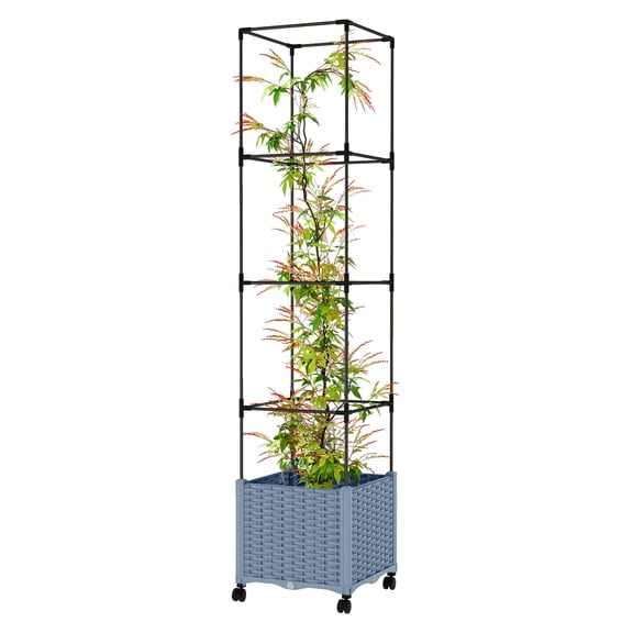 Raised Garden Bed with Trellis, Tomato Cage on Wheels, Self Watering Planter Box, Gray - Portable Elevated Plant Container for Vegetables, Herbs, Flowers