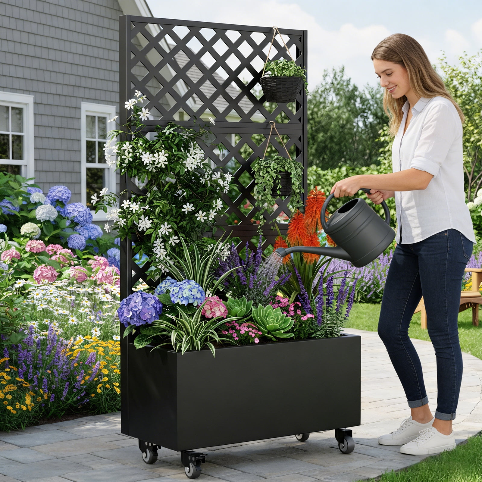 Raised Garden Bed with Trellis and Wheels, 72" High Metal Planter Box for Climbing Plants, Mobile Outdoor Vertical Garden with Drainage for Patio, Balcony & Backyard (300lb Capacity, Black)
