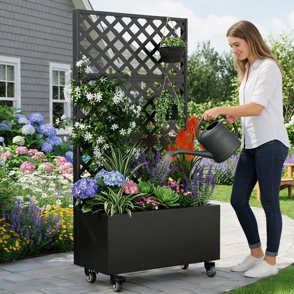 Raised Garden Bed with Trellis and Wheels, 72" High Metal Planter Box for Climbing Plants, Mobile Outdoor Vertical Garden with Drainage for Patio, Balcony & Backyard (300lb Capacity, Black)