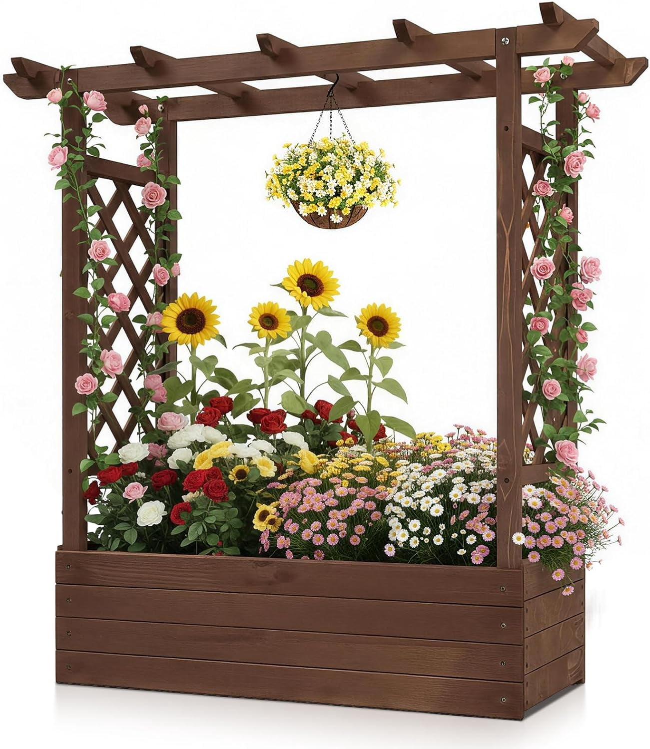 Raised Garden Bed with Trellis, Wood Planter Box with Hanging Roof, Side Trellis and Drainage Holes, Above Ground Elevated Garden Bed for Outdoor Climbing Plants Vegetables(Carbonized Color)