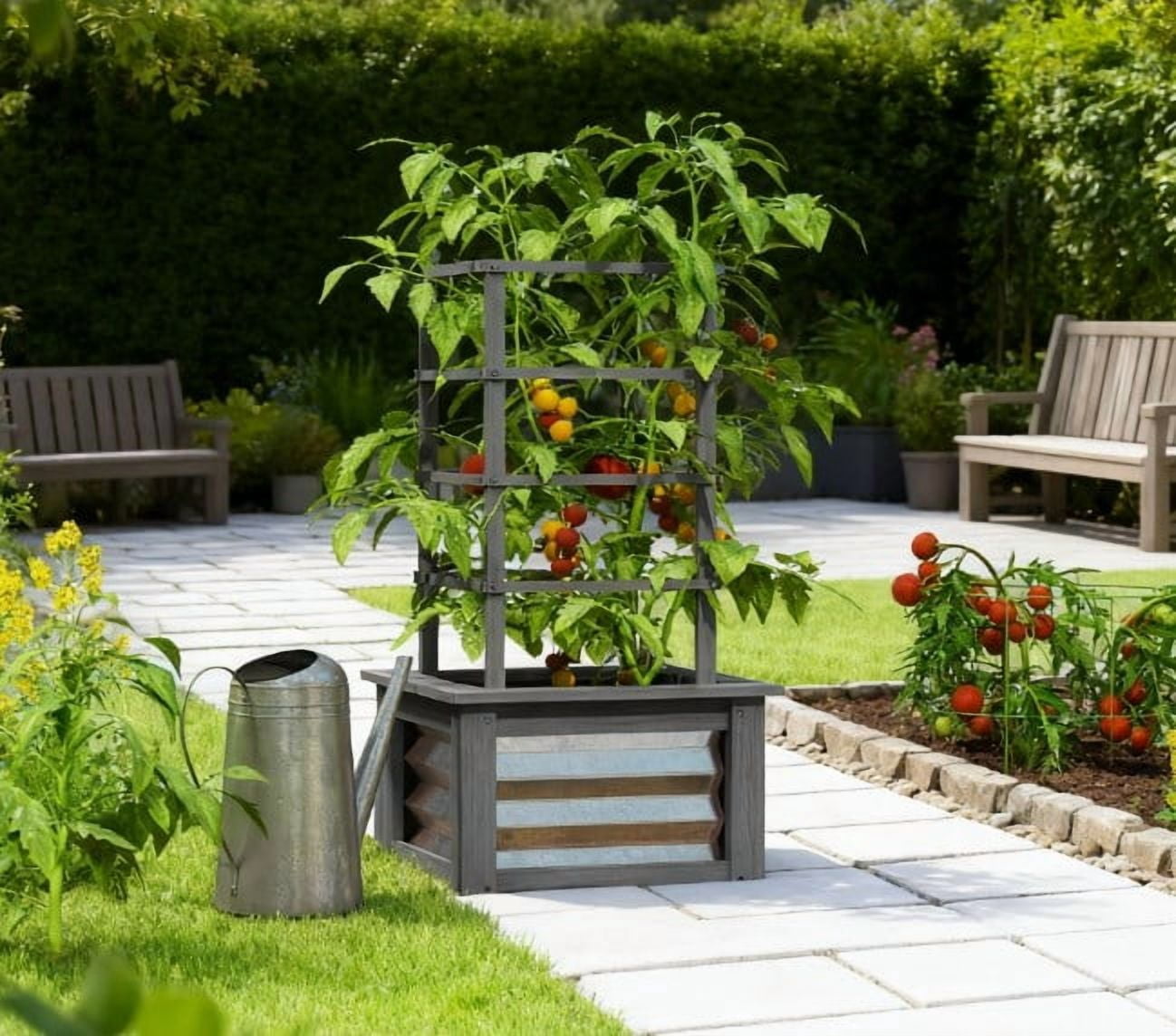 Raised Garden Bed, Versatile Galvanized Planter Box Elevated Garden Bed, Wooden Garden Bed with Trellis