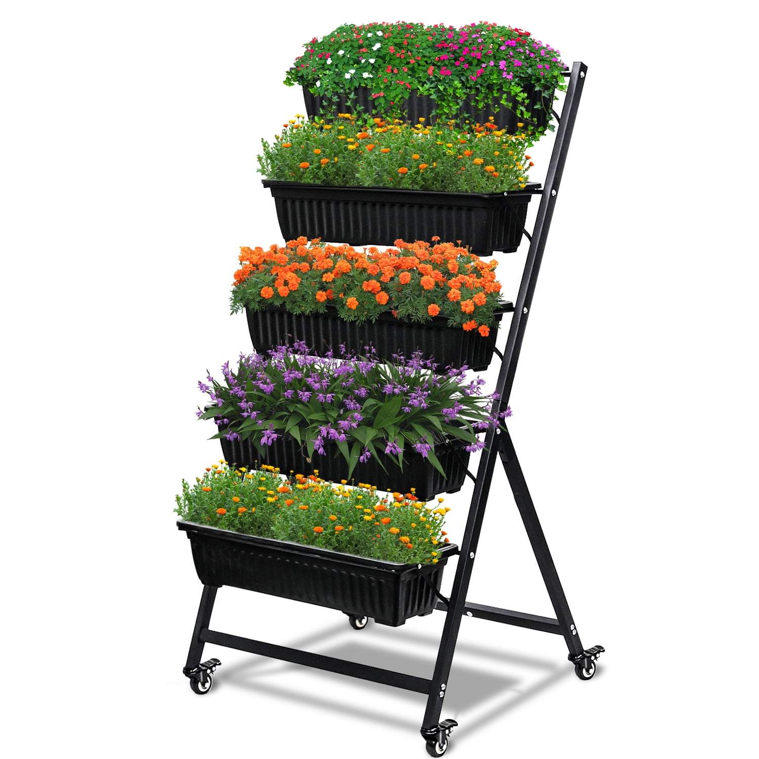 Black Metal 5-Tier Vertical Raised Garden Bed with Wheels